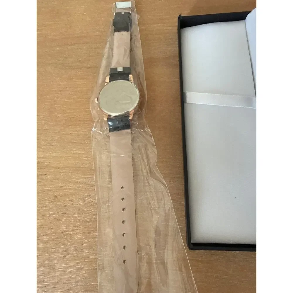 Rose Gold Tone Quartz Wristwatch Black Face Croc Style Strap New with Box